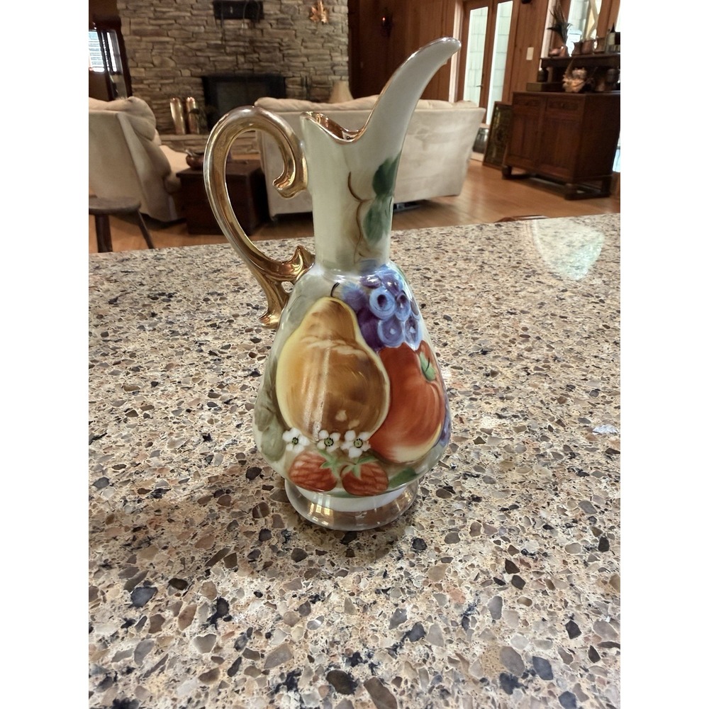 Vintage Hand Painted Porcelain Fruit Ewer Pitcher Gold Gilt 7in